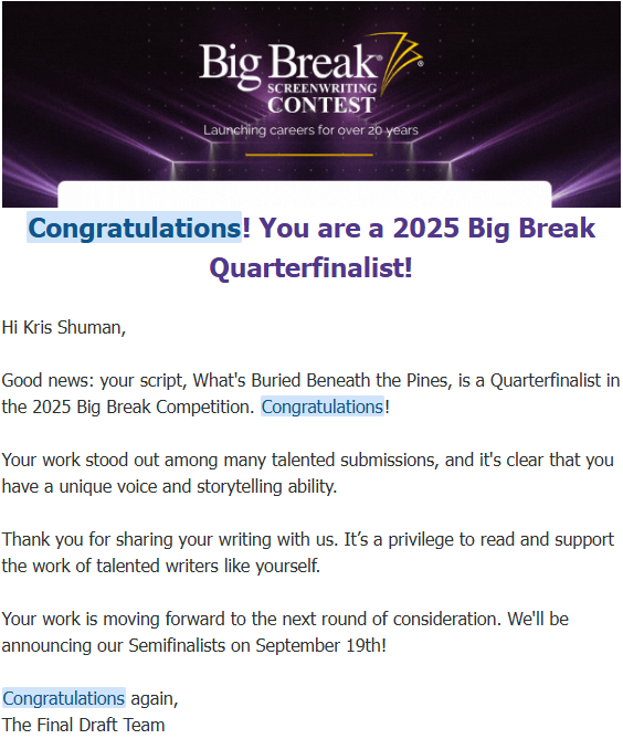 What’s Buried Beneath the Pines Named Quarterfinalist in Final Draft’s Big Break Contest